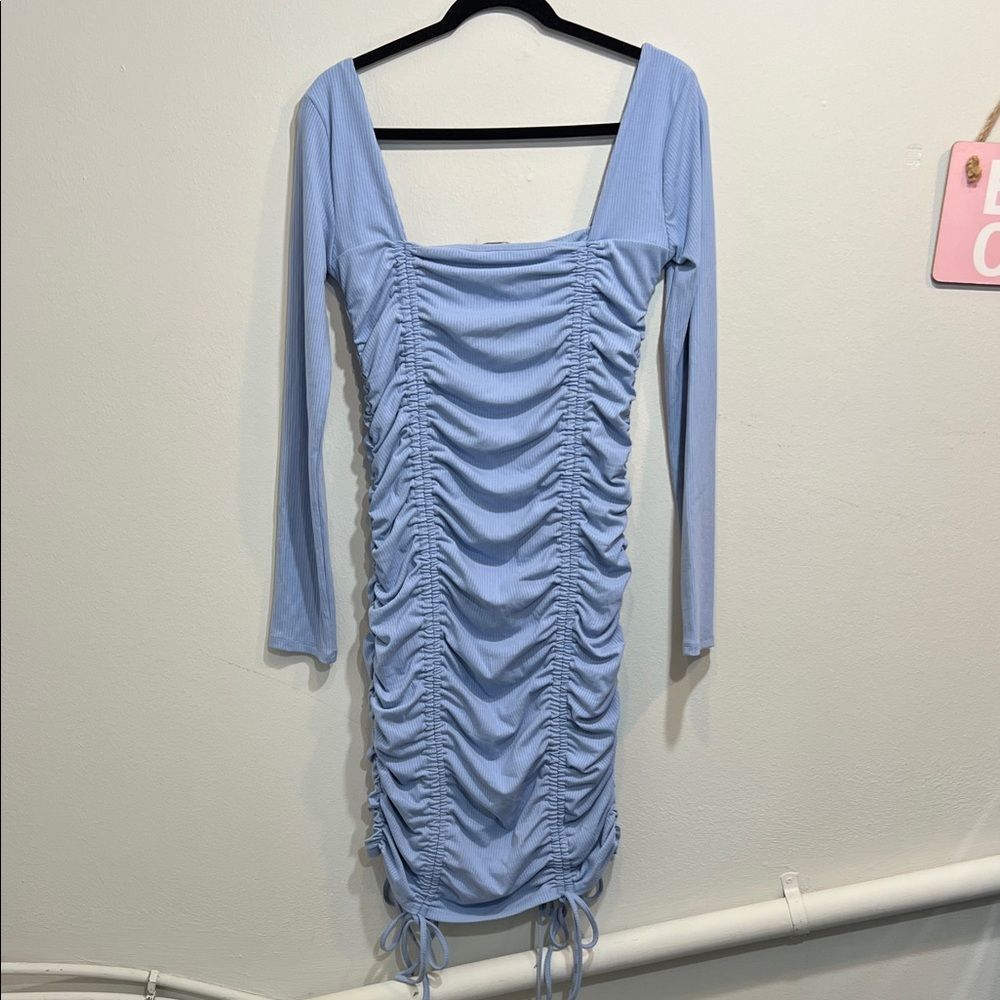 Forever 21 Sky Blue Gathered Long Sleeve Dress